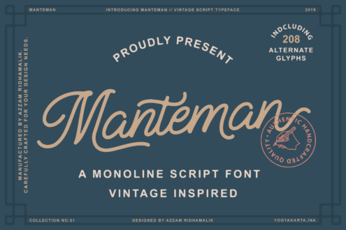 Manteman vintage monoline script font with 208 alternate glyphs displayed