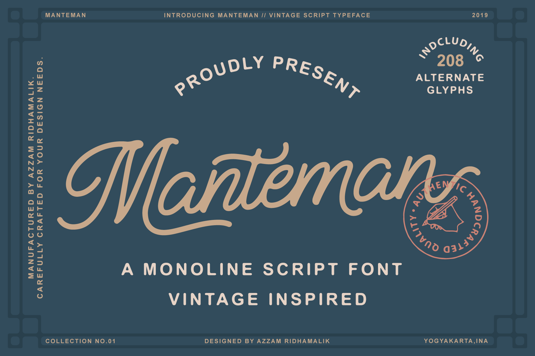 Vintage monoline script font Manteman featured on a dark blue background with elegant design details. Includes 208 alternate glyphs. Perfect for designers.