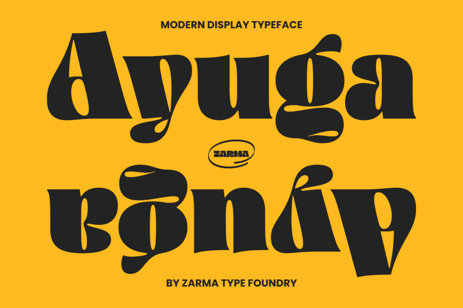 Modern display font Ayuga stacked text on yellow background