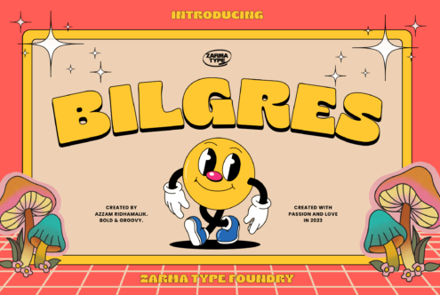 Yellow smiley mascot holding up chunky display lettering with mushroom graphics