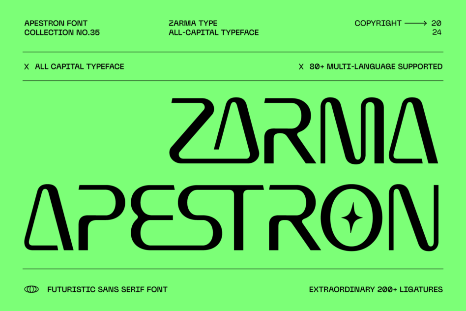 Futuristic sans serif font mockup on green background showcasing Zarma Apestron all-capital typeface with multilingual support and unique ligatures.