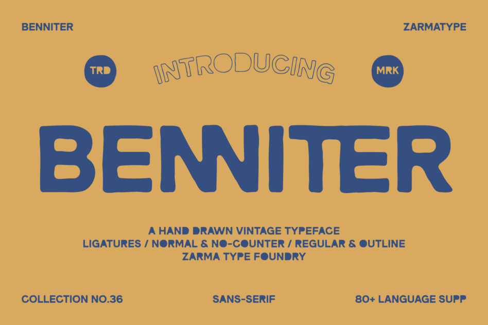 Benniter vintage typeface in bold blue letters on mustard background