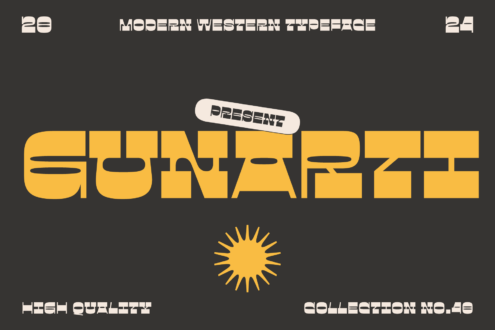 Modern Western typeface presenz gunafett in yellow with white banner label