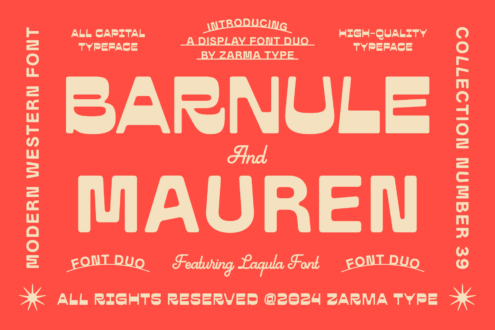 Red display showcasing Barnule and Mauren fonts; bold, western-inspired all-capital typeface; ideal for designers seeking unique typography.
