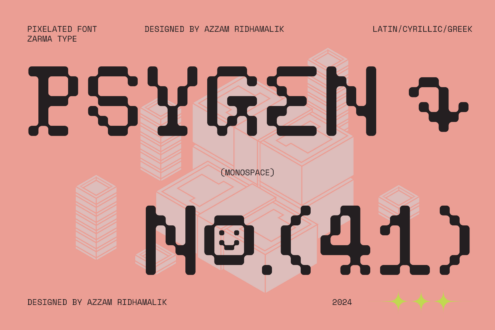 Bold pixelated typeface with monospace spacing over pale 3D isometric cube geometry