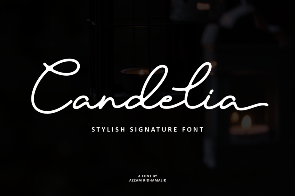 Dark-themed image showcasing the Candelia stylish signature font, ideal for elegant designs and branding. Perfect for designers seeking unique typefaces.