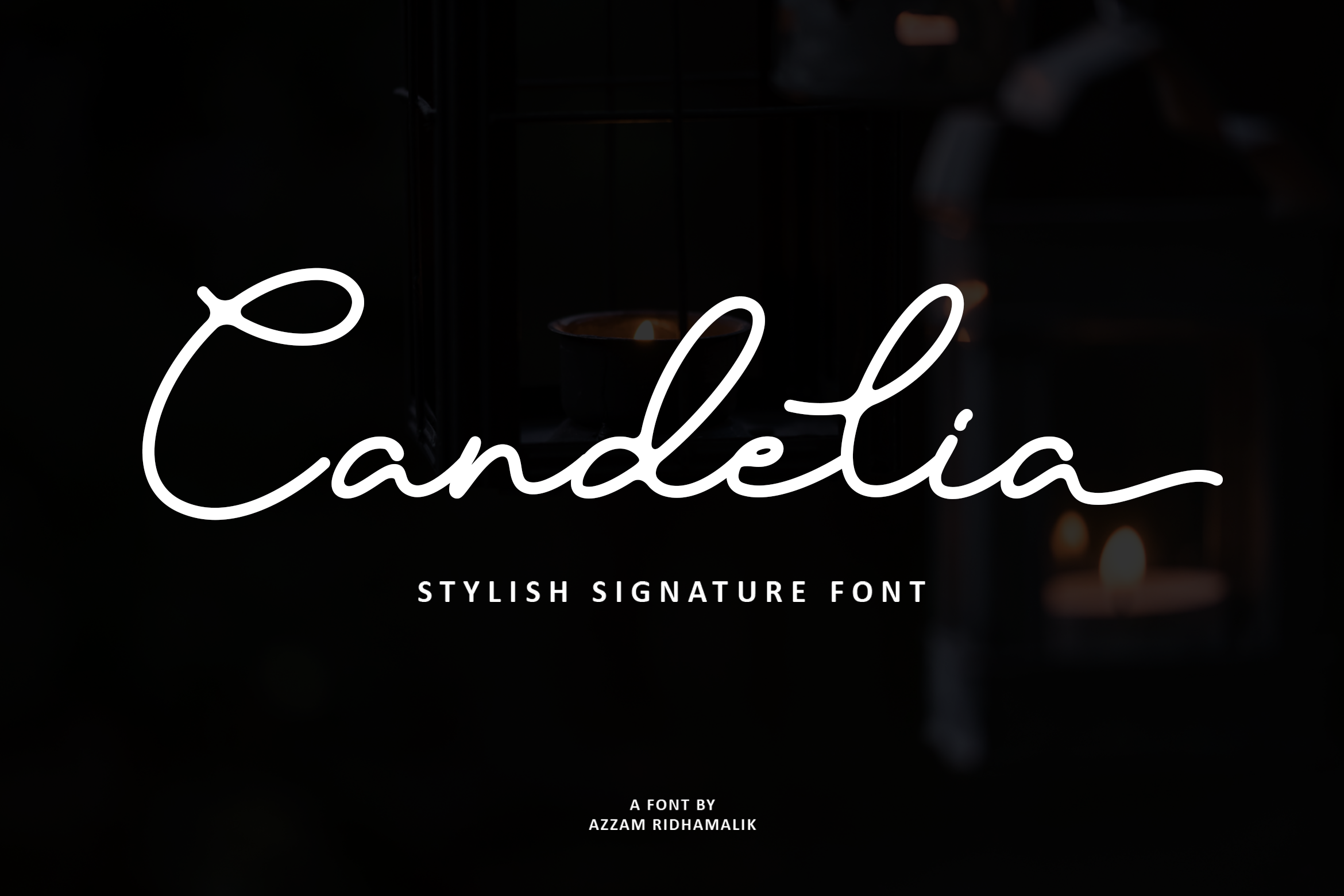 Dark-themed image showcasing the Candelia stylish signature font, ideal for elegant designs and branding. Perfect for designers seeking unique typefaces.