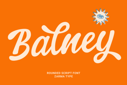 Balwell rounded script font in cream on bold orange background with badge stamp