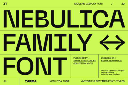Neonica Family Font by Zarma Type Foundry. Modern display typeface, variable and static font styles for typography, graphic design, templates.