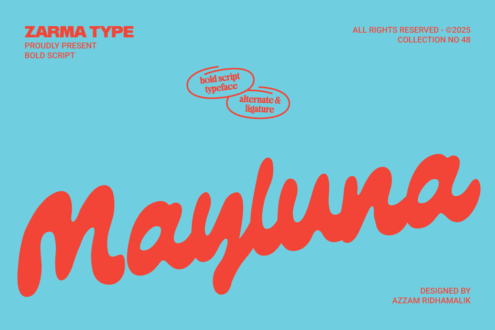 Zarma Type bold script typeface sample with red wavy text on blue