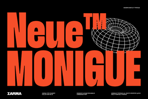 Modern orange condensed sans-serif font spelling Neue Monigue with wireframe globe graphic