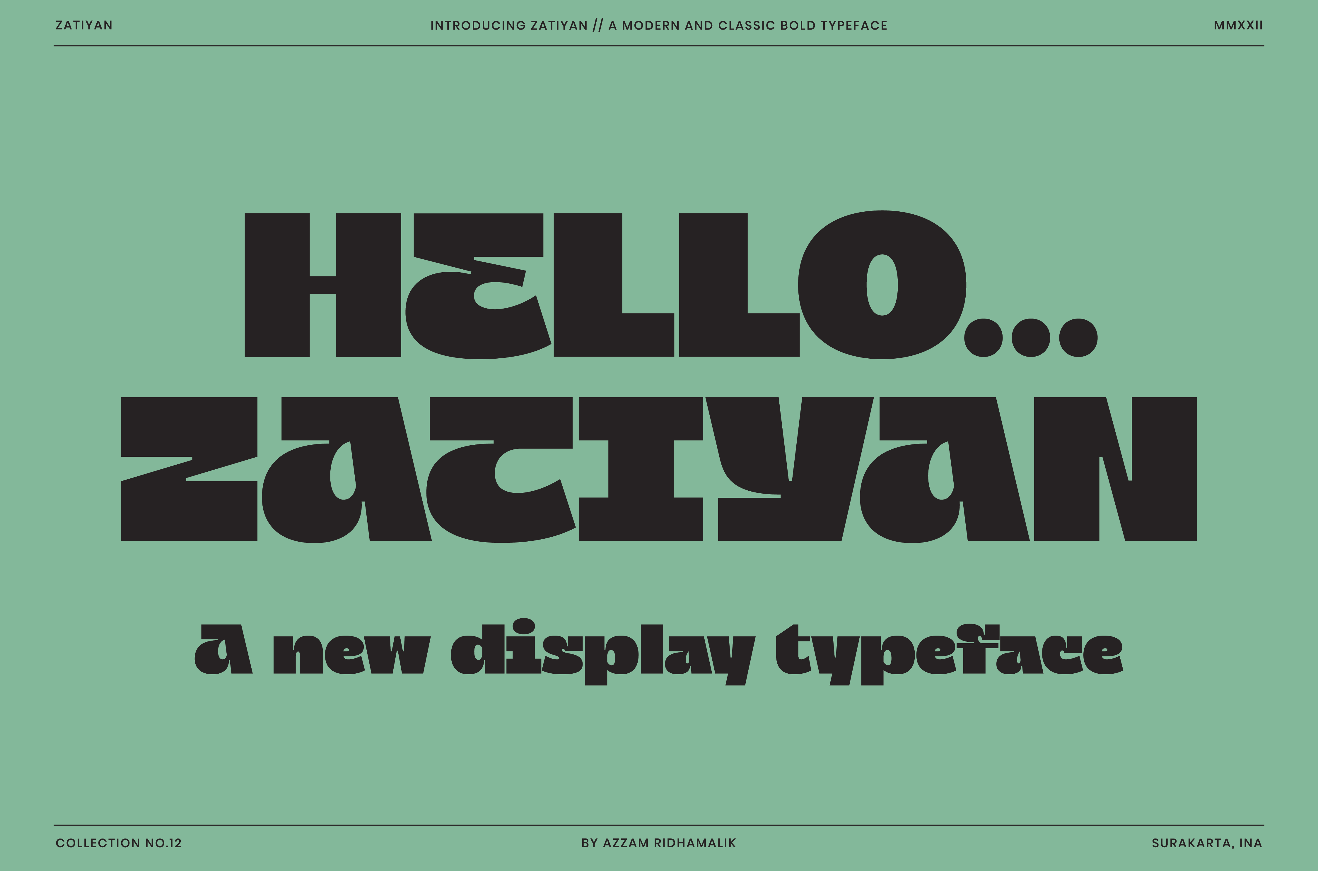 Bold display font with modern classic design Zatiyan Typeface featured in large black text on green background perfect for graphic design projects