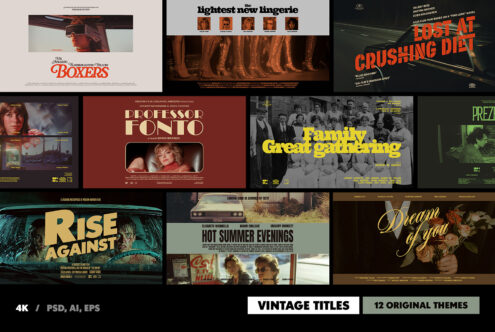 Vintage film title templates for designers; 12 original themes with retro typography. Available in 4K, PSD, AI, EPS. Perfect for mockups.