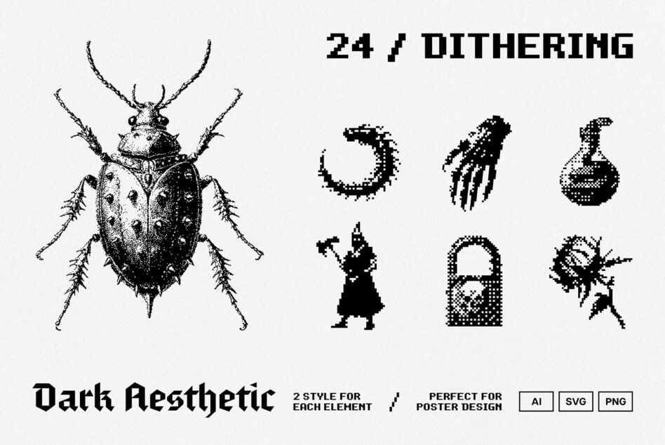 24 Dithering collection with detailed beetle, pixel creatures, potions, locks