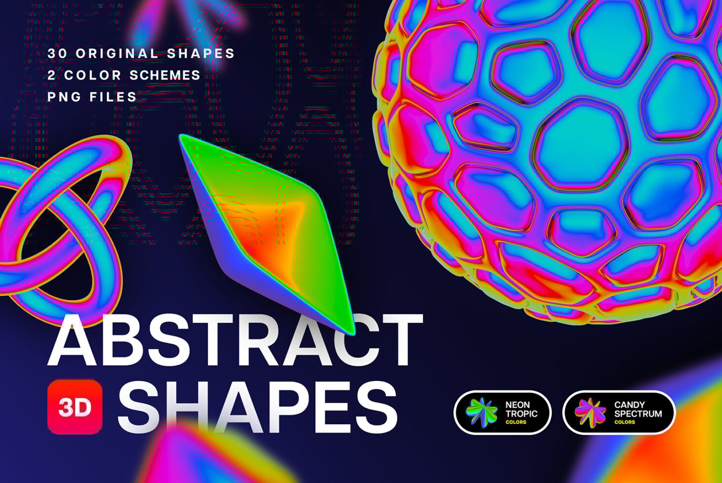 3D abstract shapes collection with neon colors for designers. Includes 30 original shapes in two color schemes. Ideal for digital graphics projects.
