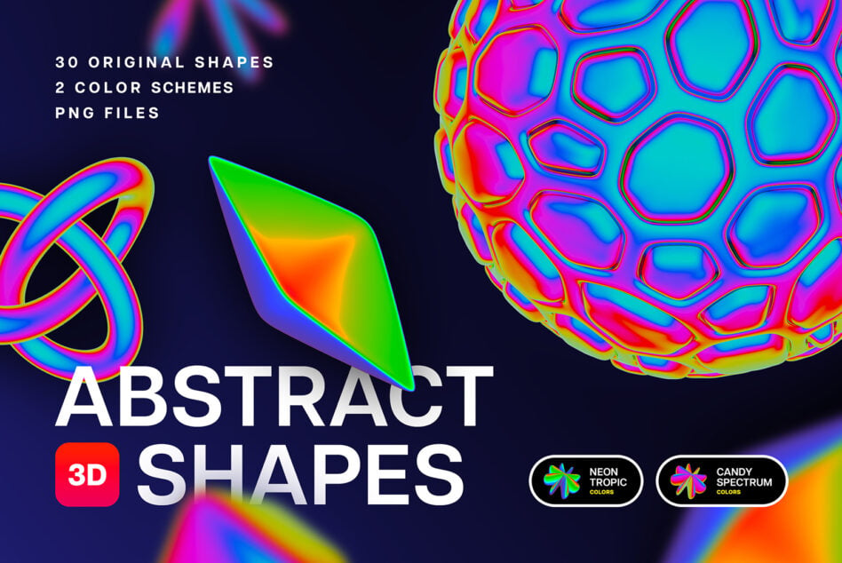 Abstract 3D shapes pack with 30 designs in neon tropic color scheme