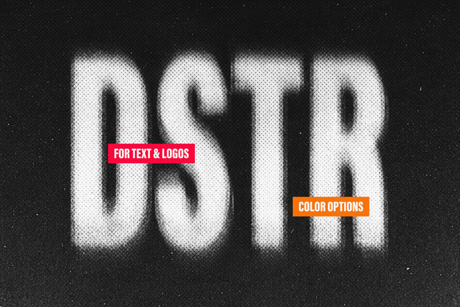 Digital asset image featuring bold stencil typography with text and logo mockup options. Black and white halftone effect with customizable color variations.