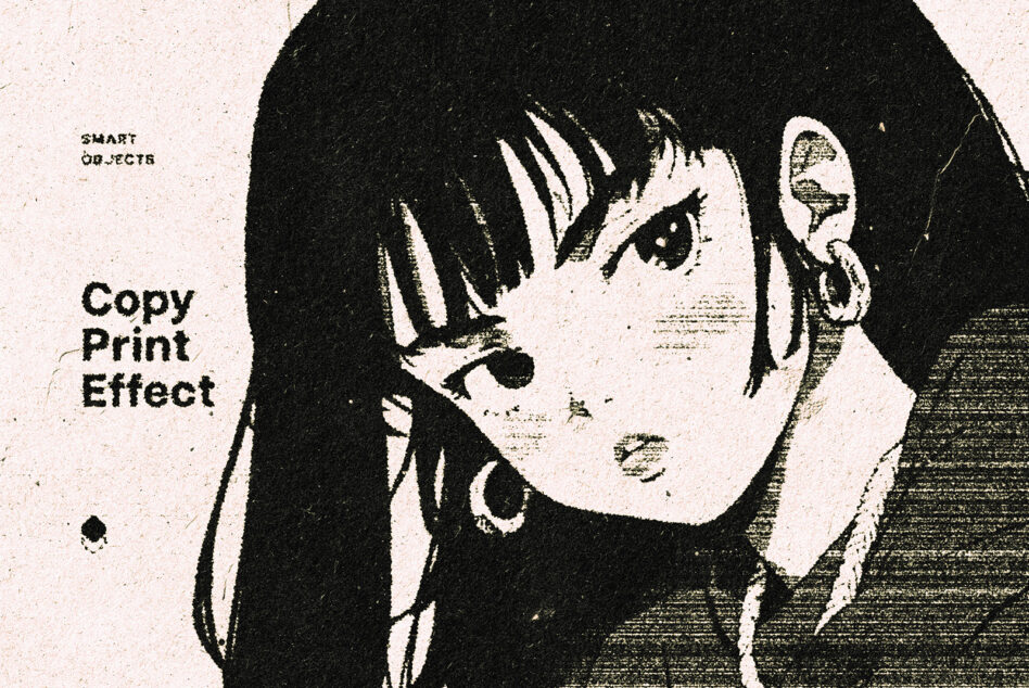 Vintage halftone portrait of person with black bangs, copy print effect mockup