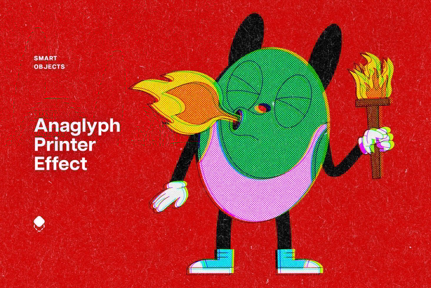 Colorful cartoon character with torch, anaglyph effect, red textured background. Ideal for graphics projects, design assets, smart object integration.