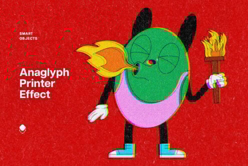 Colorful cartoon character with torch, anaglyph effect, red textured background. Ideal for graphics projects, design assets, smart object integration.