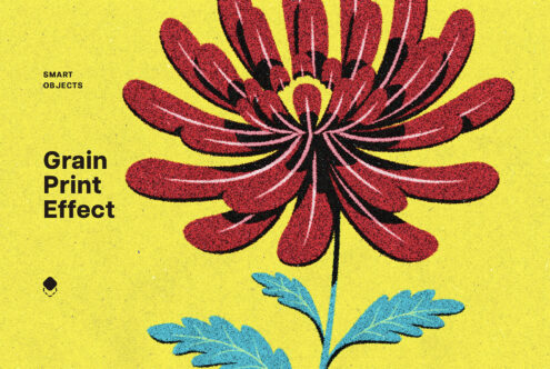 Grain print effect template featuring a red flower on a yellow background. Includes smart objects for designers. Perfect for graphics, mockups. SEO keywords.