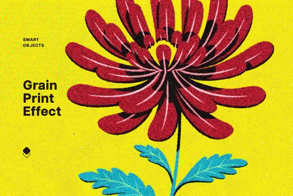 Grain print effect template featuring a red flower on a yellow background. Includes smart objects for designers. Perfect for graphics, mockups. SEO keywords.