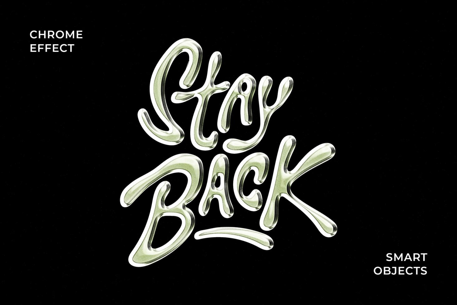 Chrome text effect reading Stay Back with glossy metallic letters on a black background. Ideal graphic asset for designers using smart objects.