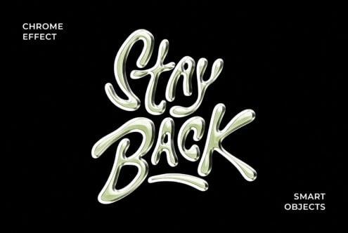 Chrome text effect reading Stay Back with glossy metallic letters on a black background. Ideal graphic asset for designers using smart objects.