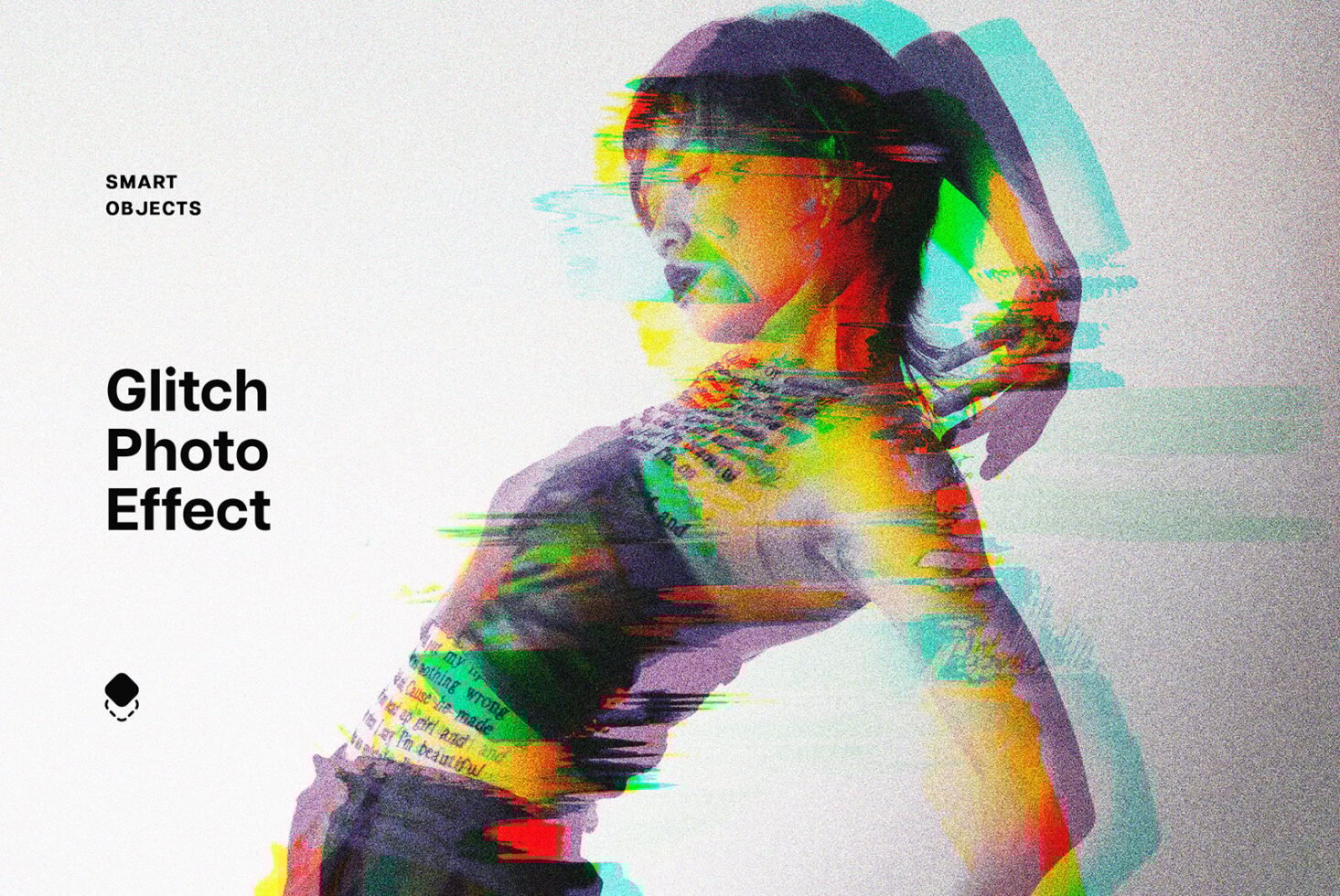 Glitch photo effect template with colorful distortion, ideal for designers seeking unique visual styles. Use for creative mockups or digital art projects.