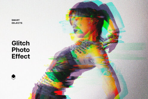 Glitch photo effect template with colorful distortion, ideal for designers seeking unique visual styles. Use for creative mockups or digital art projects.