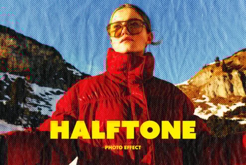 Halftone photo effect showcasing a person in sunglasses and red coat in a snowy mountain scene. Ideal for designers seeking digital photo mockups.