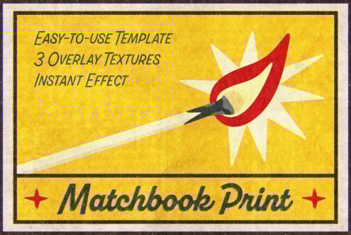 Vintage matchbook print template in yellow with matchstick illustration and starburst effect. Includes overlay textures for instant design effect.