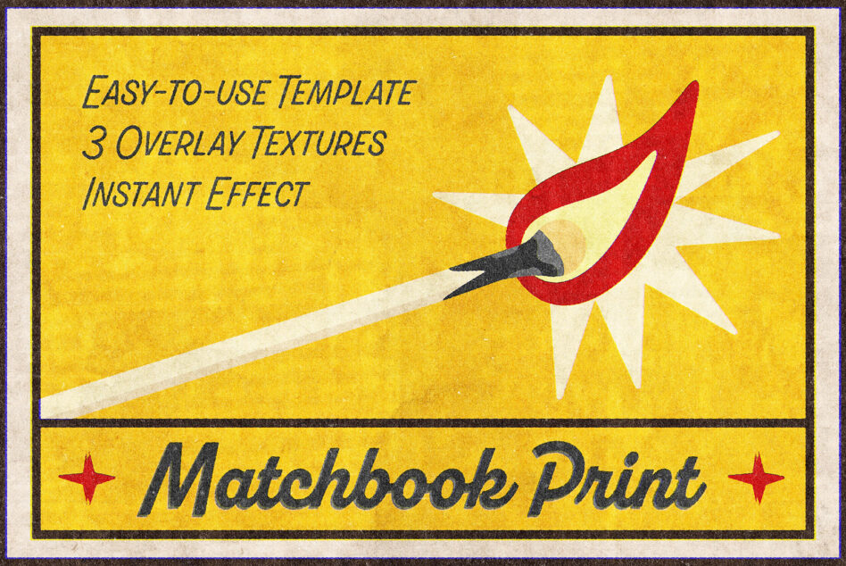 Matchbook print template with flame design retro packaging