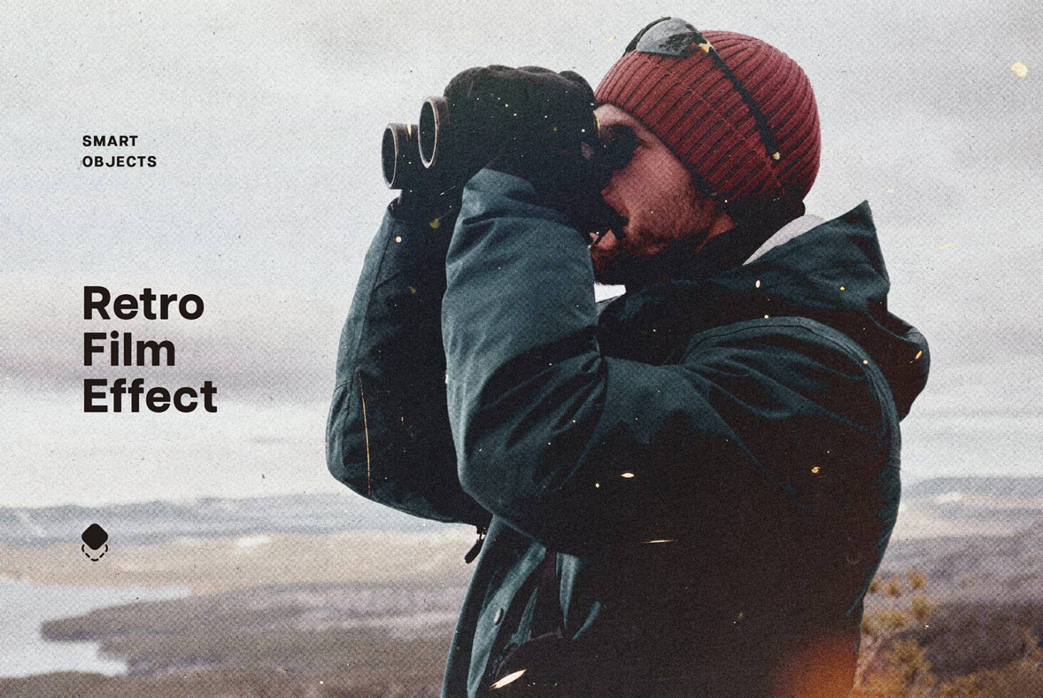Retro film effect design showing person with binoculars in winter landscape. Photoshop mockup for graphic designers. Keywords: mockup, retro, vintage.