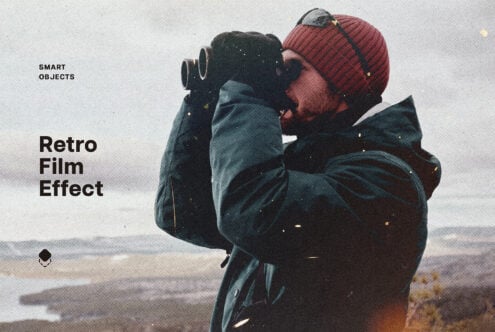 Retro film effect design showing person with binoculars in winter landscape. Photoshop mockup for graphic designers. Keywords: mockup, retro, vintage.