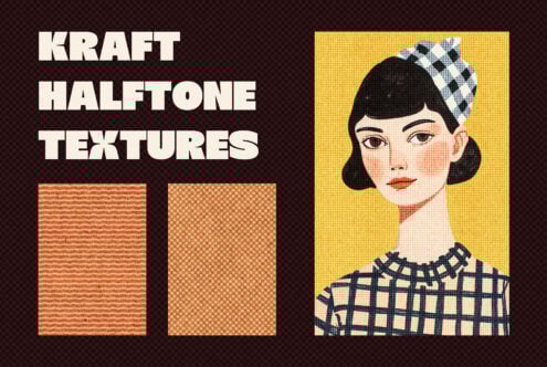 Illustrated woman with halftone kraft textures displayed. Keywords: graphic design, halftone, textures, illustration, digital assets, templates, patterns.