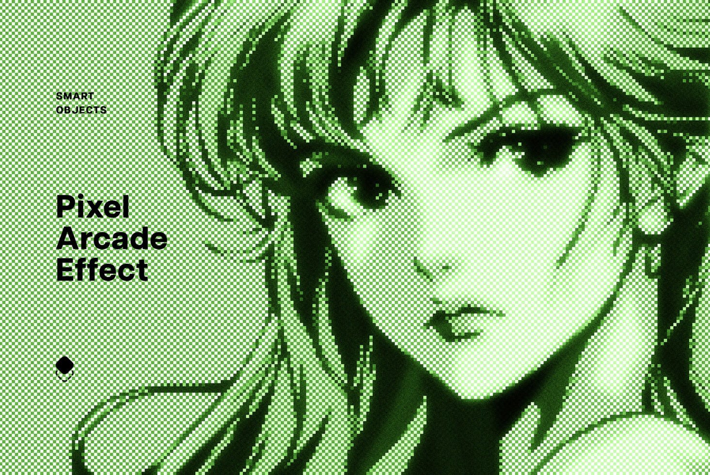 Green pixelated anime artwork with pixel arcade effect for graphics design. Ideal template for designers using smart objects for retro style projects.