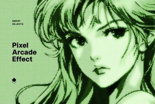 Green pixelated anime artwork with pixel arcade effect for graphics design. Ideal template for designers using smart objects for retro style projects.