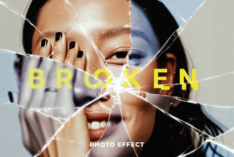 Broken glass photo effect mockup with yellow text reading broken, woman's face partially visible through shatter pattern