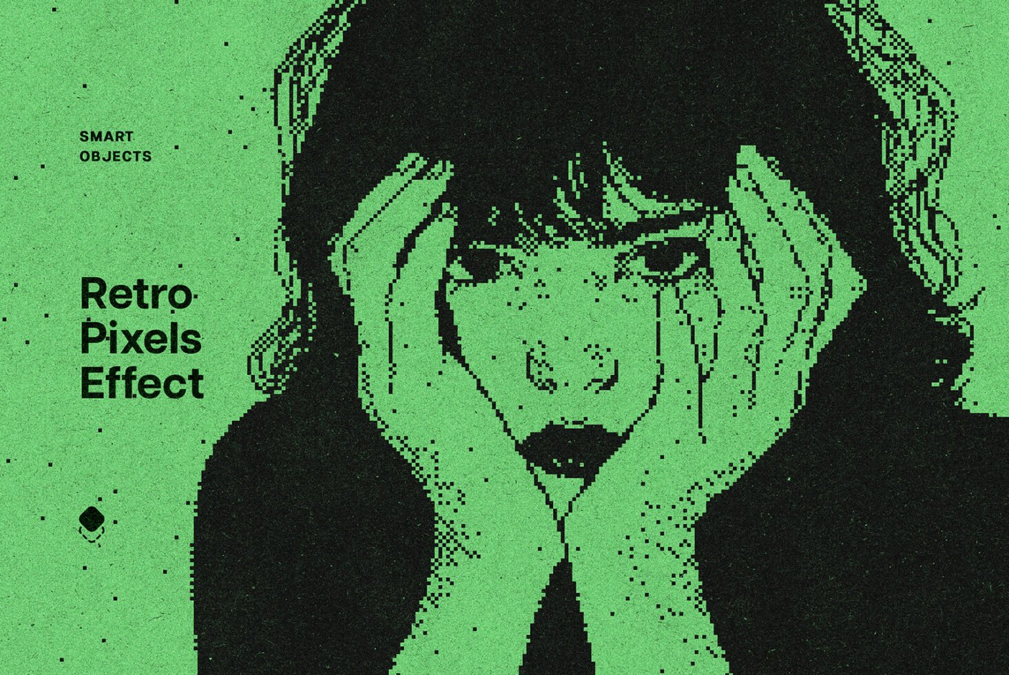 Retro pixel effect mockup featuring woman holding face in hands, green and black tones, ideal for graphic designers seeking vintage digital assets