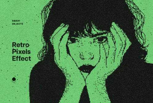 Retro pixel effect mockup featuring woman holding face in hands, green and black tones, ideal for graphic designers seeking vintage digital assets