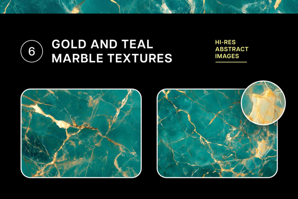 Teal marble texture bundle with close-up detail circle, labeled hi-res abstract images