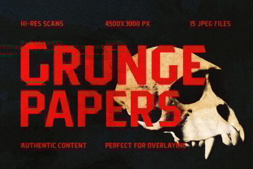 Grunge Papers digital assets pack offers 15 high-res JPEG textures for designers perfect for overlays and graphic projects with edgier styles.