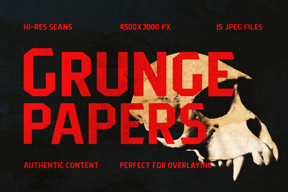 Red grunge paper text overlay with scanned bone skull element on dark background