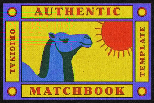 Vintage matchbook design template featuring a blue camel and sun on a yellow background. Ideal for retro graphics projects and creative design mockups.