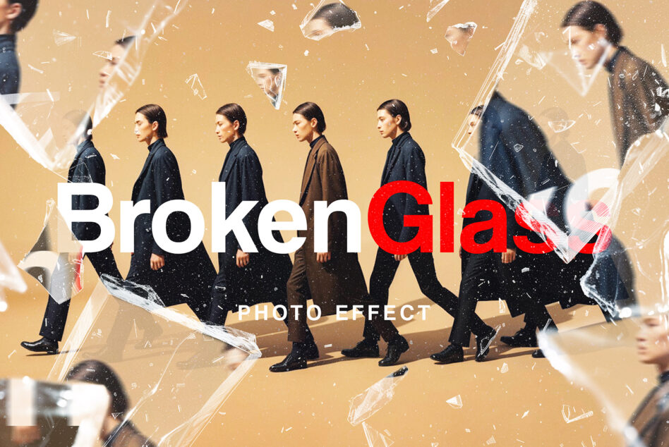 Group of five people walking in profile over tan background with broken glass effect scattered throughout