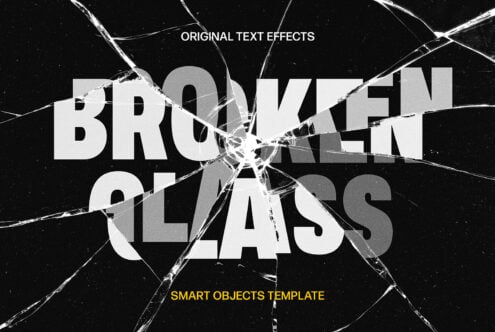 Text effect template depicting broken glass overlay on bold font. Smart object layer for easy editing. Perfect for graphic designers and creatives.