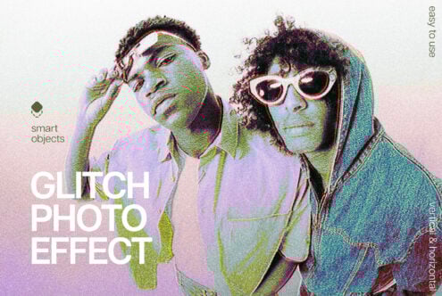 Trendy glitch photo effect for creative design. Featuring two stylish individuals with vibrant colors, perfect for digital art and graphic design projects.