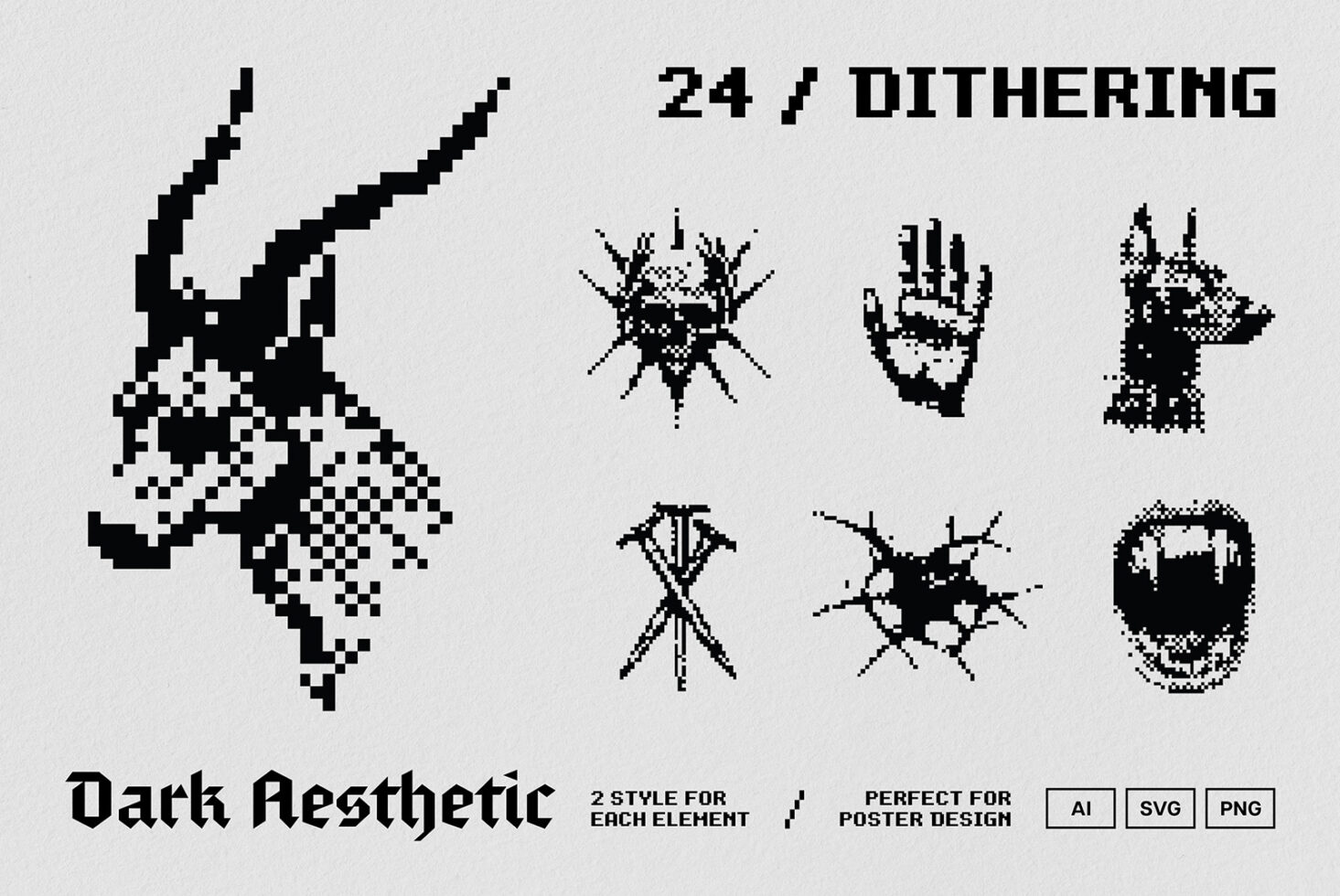 Pixel art black and white illustrations of dark aesthetic symbols, including skull, hand, and wolf, perfect for poster design, AI SVG PNG formats.