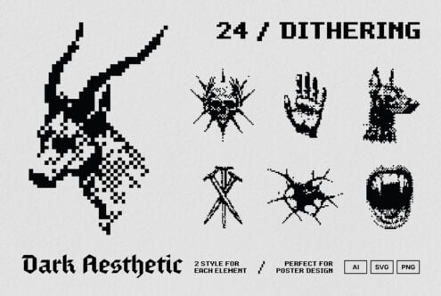 Pixel art black and white illustrations of dark aesthetic symbols, including skull, hand, and wolf, perfect for poster design, AI SVG PNG formats.